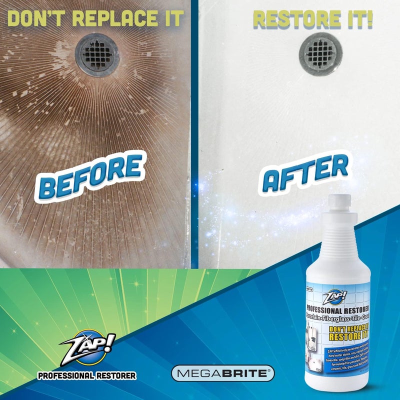 Megabrite ZAP! Professional Tile & Grout Restorer | Cleans & Restores Porcelain, Fiberglass, Tile, & Grout Surfaces | Rust & Hard Water Remover | Kitchens & Bathroom Porcelain Sinks, Toilets, & Tubs - Image 3